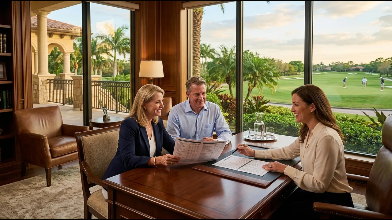 A buyer couple at a private golf clubhouse membership office desk reviewing a printed membership summary with a club staff member, a Naples-style clubhouse terrace and fairway visible through tall windows