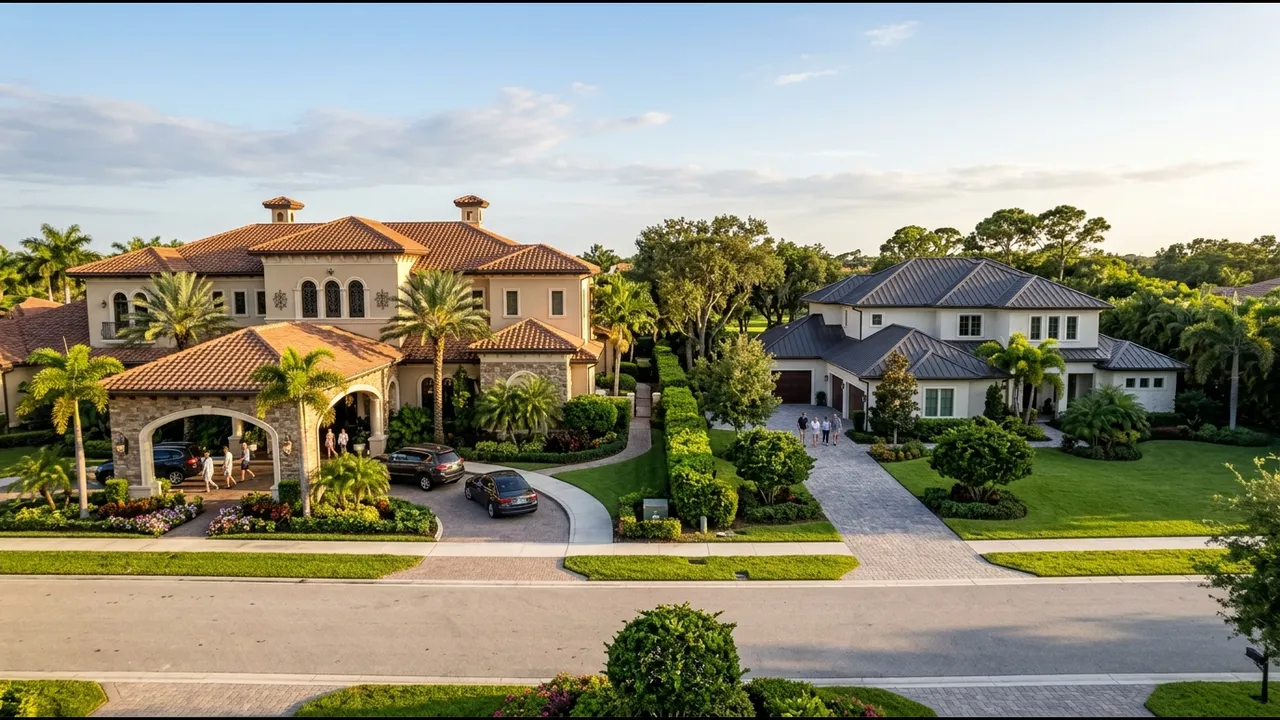 Two contrasting Naples properties side by side in one wide frame: on the left a grand Mediterranean clubhouse with a porte-cochere, on the right a quiet estate home on a large private lot with no clubhouse, soft late-afternoon light