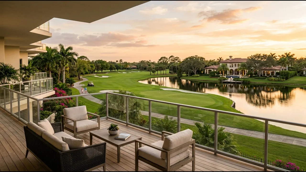 A modern luxury golf-course condominium terrace overlooking a manicured fairway, with a large estate home visible across the lake in the background, Naples Florida