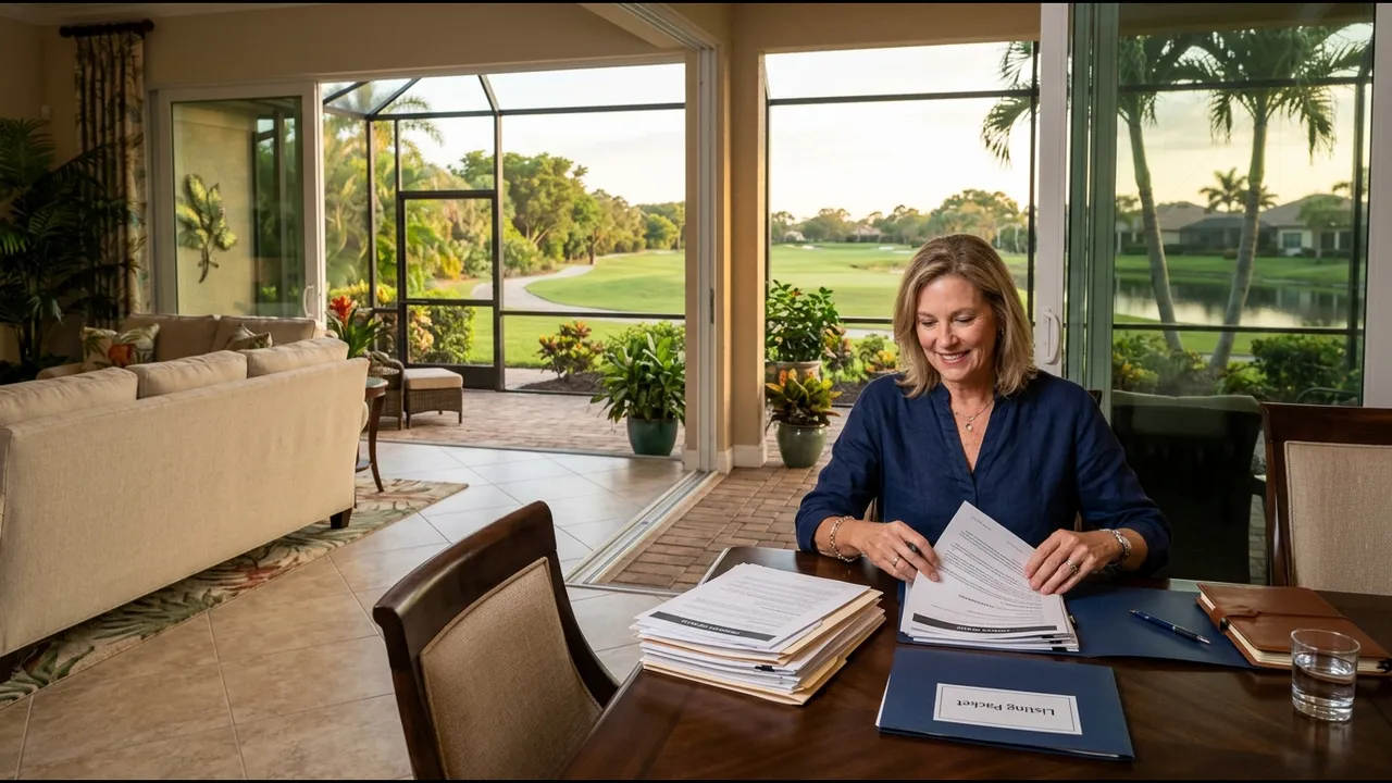 A seller at a dining table in a Naples golf-community home organizing a neat listing packet of printed documents and folders, a golf course view through the lanai doors