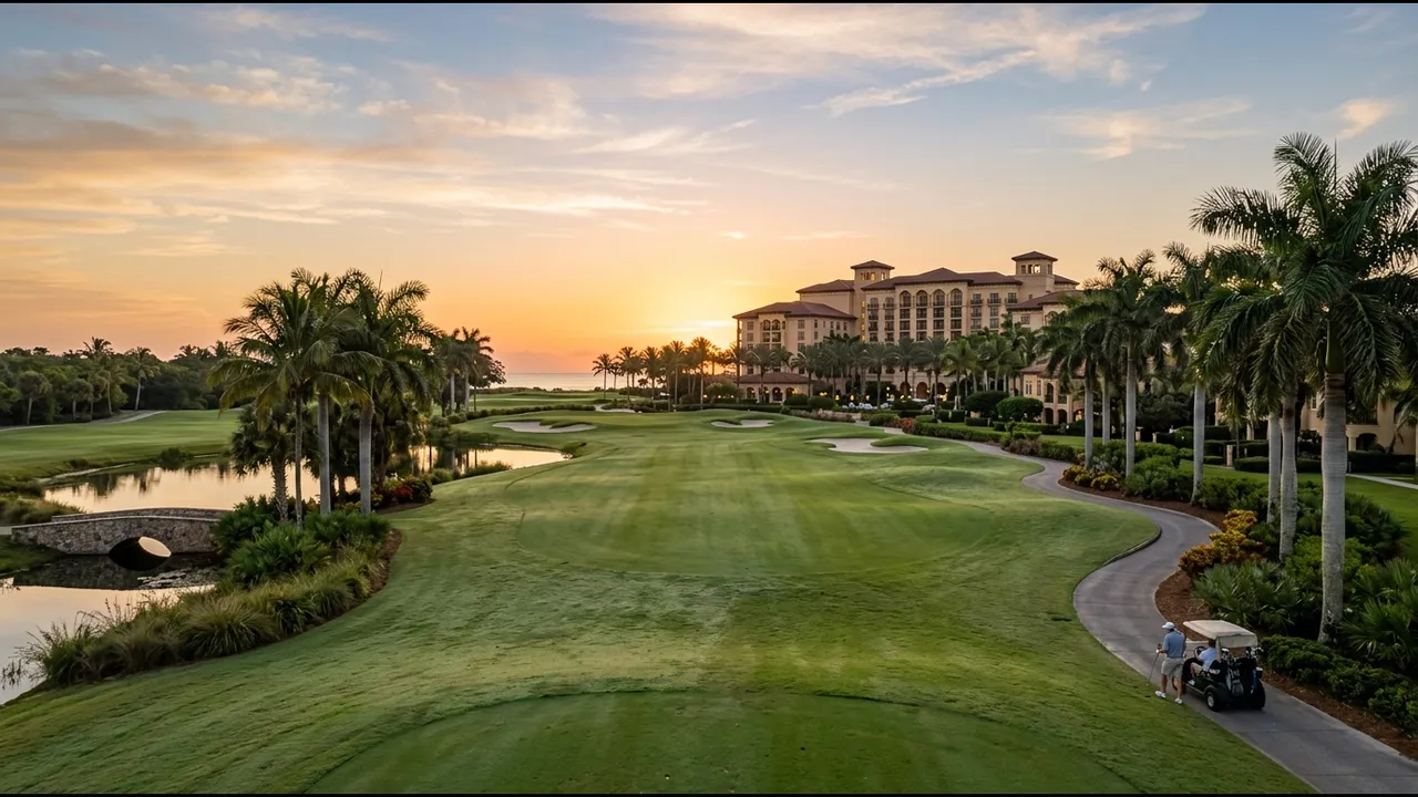 A championship resort golf course fairway at sunrise with palm trees and a large upscale resort hotel building softly visible in the distance, Naples Florida