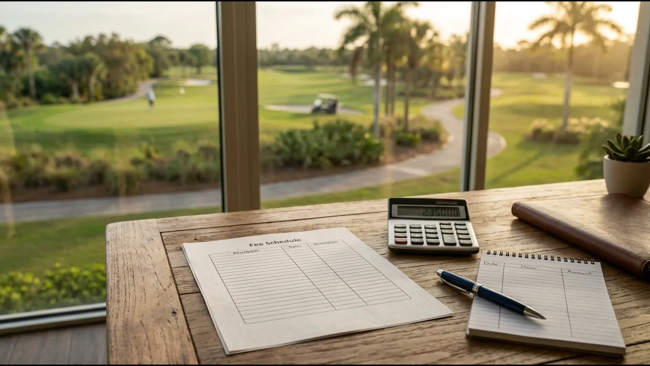 Close-up of a desk with a printed fee schedule, a calculator, a pen and a notepad with blank columns, a golf course visible out of focus through a window behind