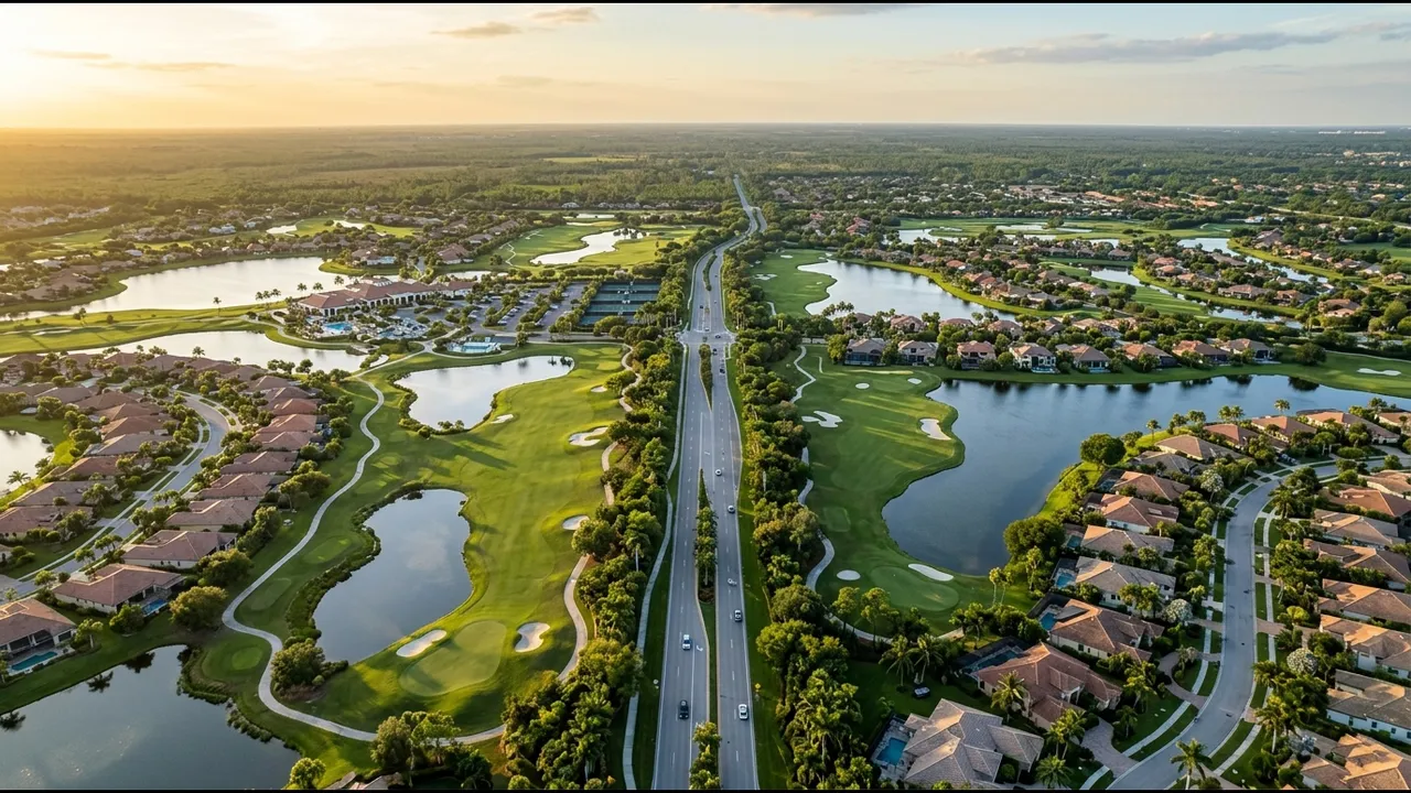 Aerial view of a large Naples golf club with two separate campuses divided by a road, fairways, lakes and home neighborhoods on each side, golden hour