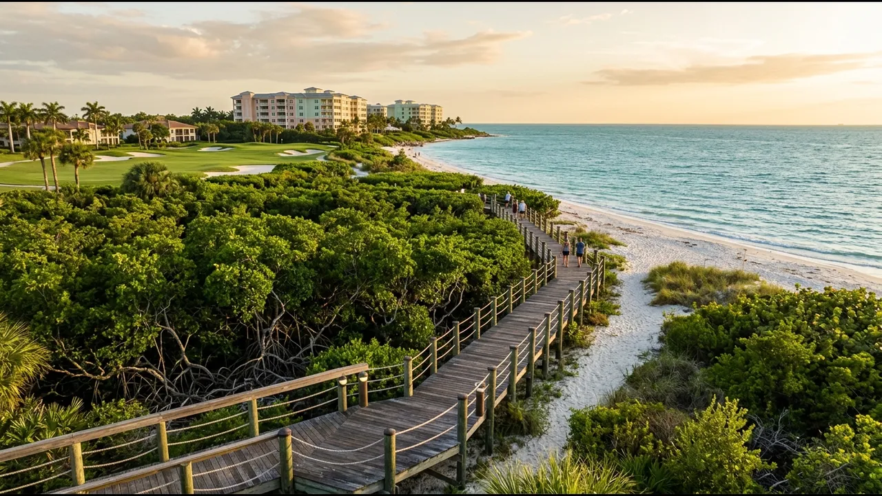 A private beach park with a boardwalk through mangroves leading to the Gulf of Mexico, with a golf course and mid-rise condominiums visible in the background, Bonita Springs Florida