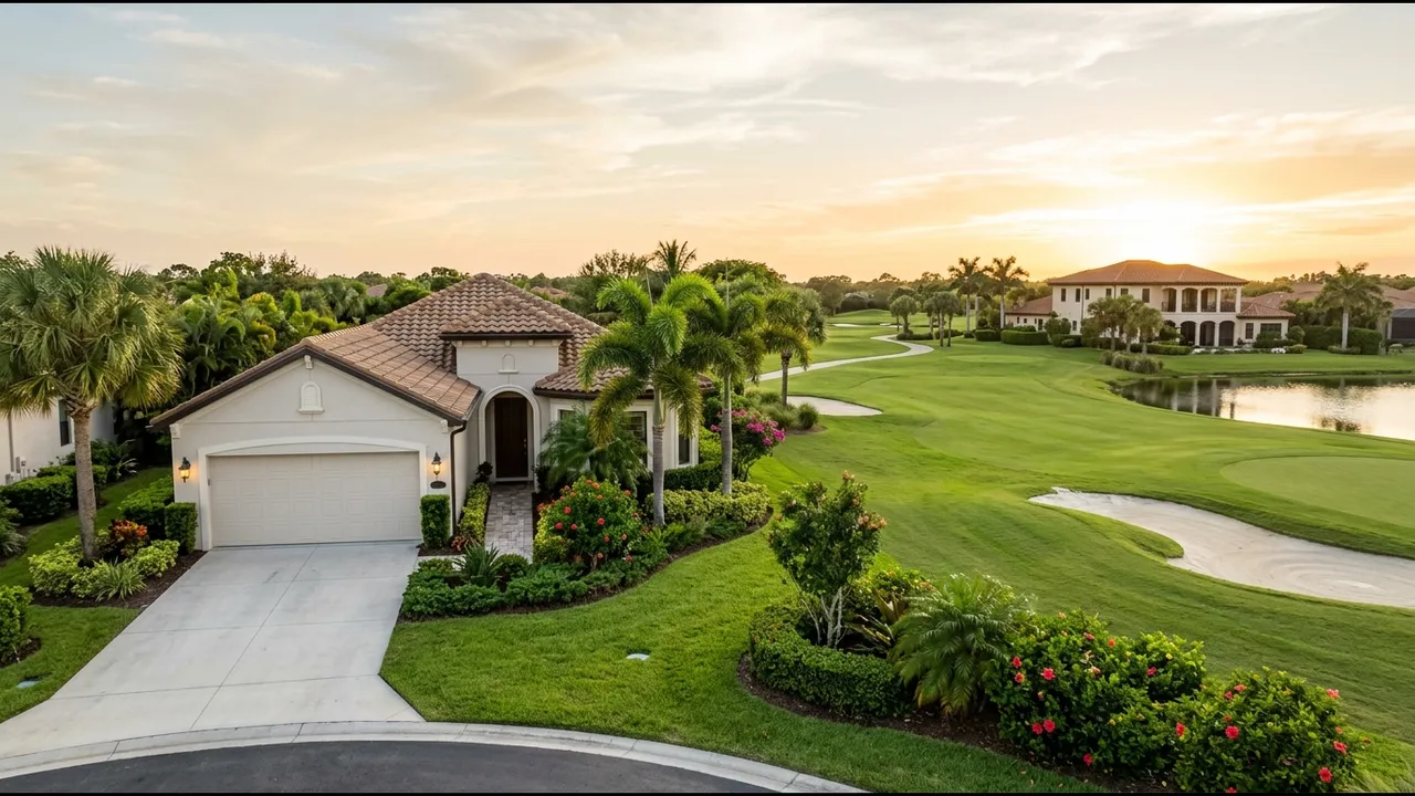 A single-story coach home villa with a two-car garage and tidy tropical landscaping on a golf course, a larger estate home further along the same fairway