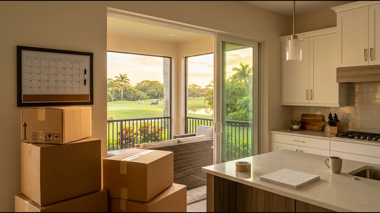 A moving scene in a Naples golf community: a few packed moving boxes and a wall calendar on a kitchen counter, with a golf course view through sliding glass doors