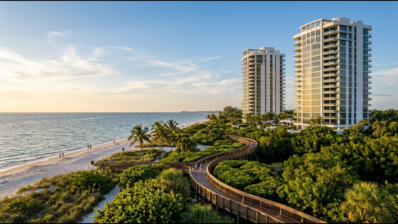 Two elegant white luxury high-rise condominium towers rising above a mangrove-lined boardwalk and beach in Pelican Bay, Naples Florida, clear blue sky