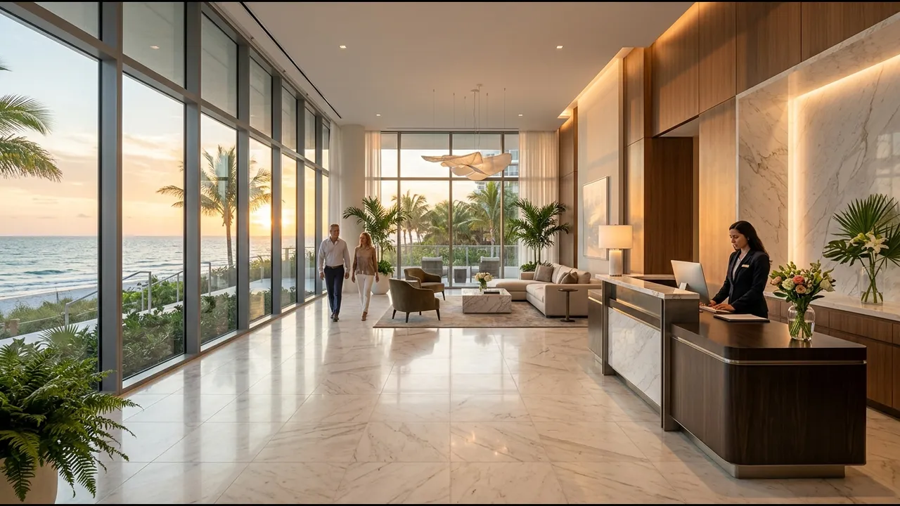 A luxury branded residence lobby with a concierge desk, marble floors, soft lighting and floor-to-ceiling windows looking toward the Gulf of Mexico