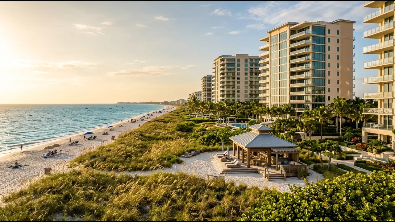 Beachfront luxury condominium towers set back behind sea oats and a private beach with a small beach club pavilion, Naples Florida, afternoon light