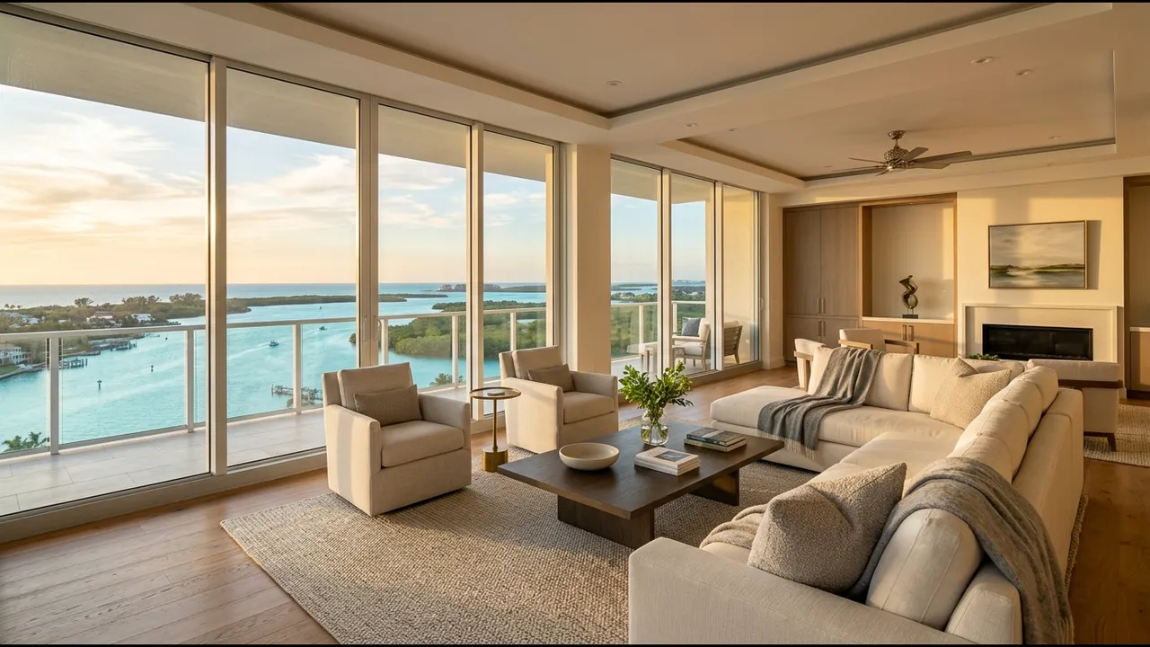 A spacious finished high-rise condominium living room with floor-to-ceiling windows overlooking Estero Bay and the Gulf, modern neutral furnishings