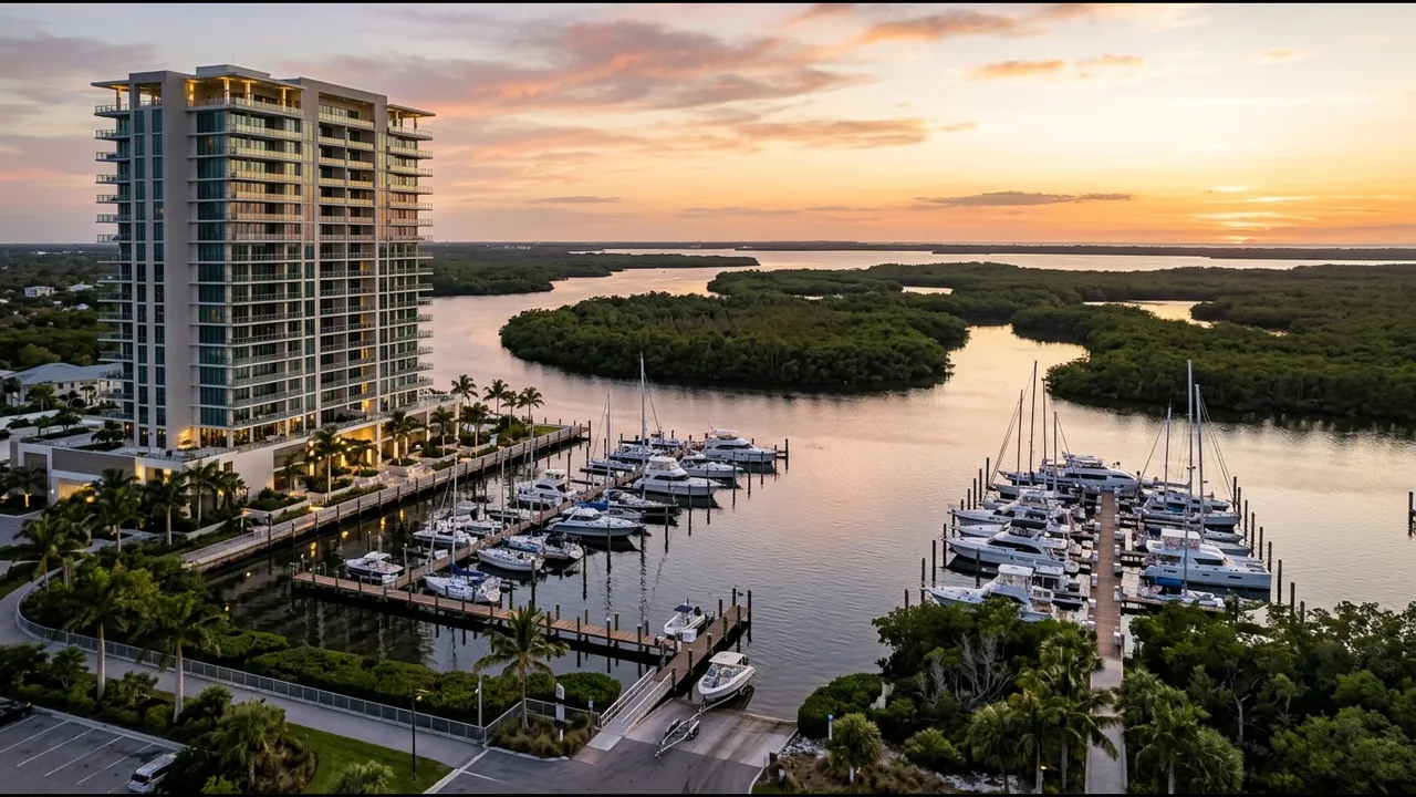A modern luxury condominium tower beside a marina and bay with a small boat launch, mangrove islands beyond, Bonita Springs Florida