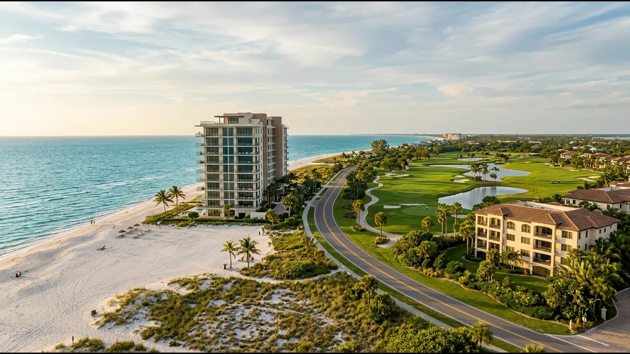 A new luxury condominium building on a beach with the Gulf of Mexico in front, and in the same wide frame a golf course and a second low-rise residence building across a road