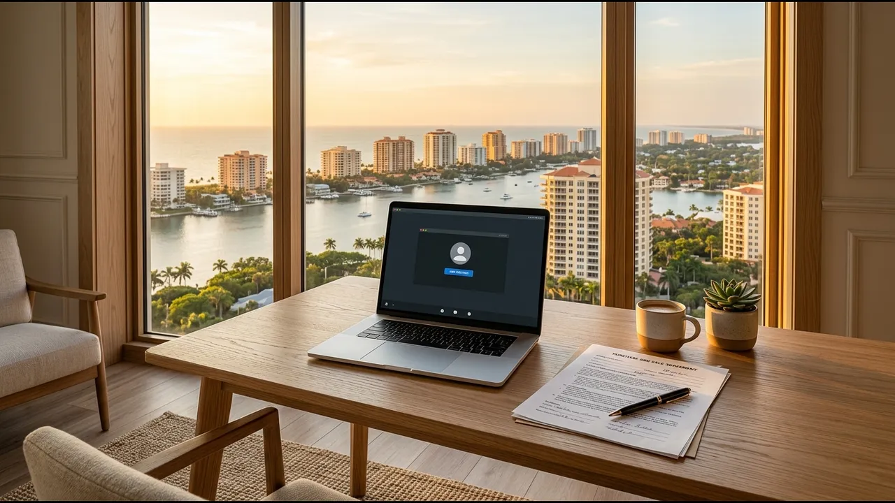 A laptop on a desk showing a blank video call window next to a printed purchase contract and a pen, a window view of a Naples high-rise skyline