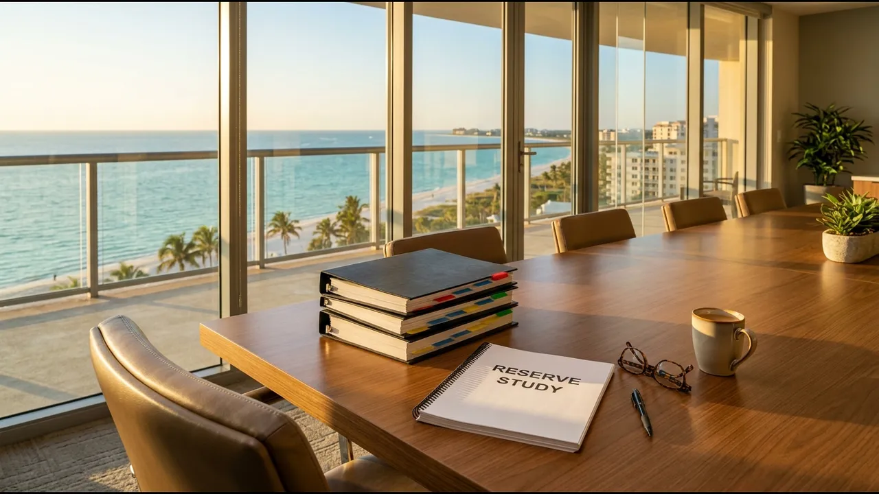 A condominium association board room table with binders labeled only by color tabs, a reserve study document and reading glasses, a high-rise balcony view of the Gulf behind