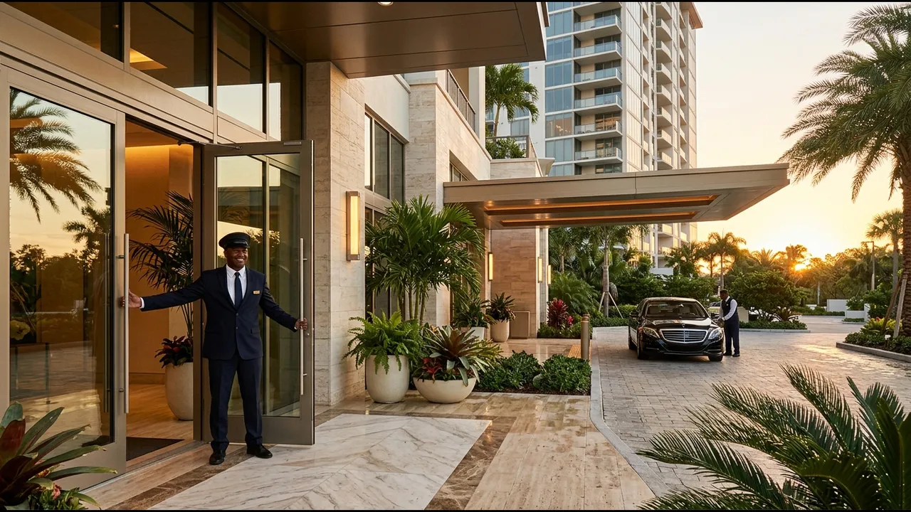 A luxury high-rise residence entry with a uniformed doorman holding the door, a valet area and palm trees, Naples Florida, warm evening light