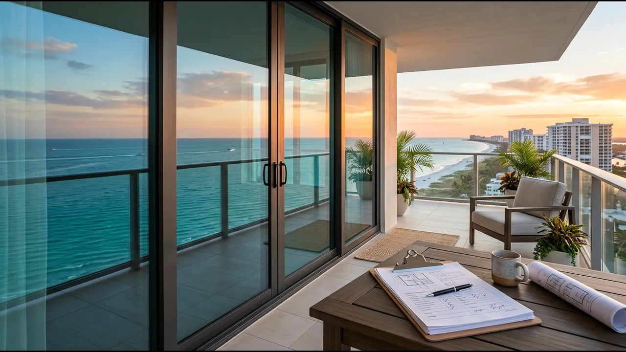 Hurricane-rated impact glass sliding doors on a high-rise balcony overlooking the Gulf of Mexico, with a clipboard of insurance paperwork on a patio table