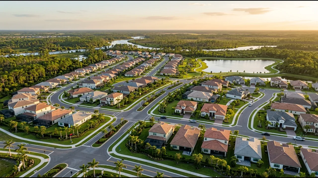 Two adjacent new-construction model home villages in Estero Florida seen from a low aerial angle, fresh roads, model homes with tile roofs and young palm trees