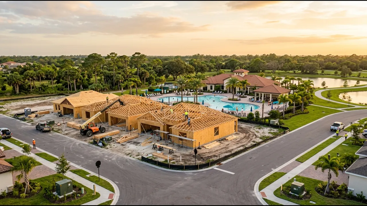 A new-construction neighborhood with homes still being framed and a finished resort-style amenity center with a pool in the distance, inland southwest Florida