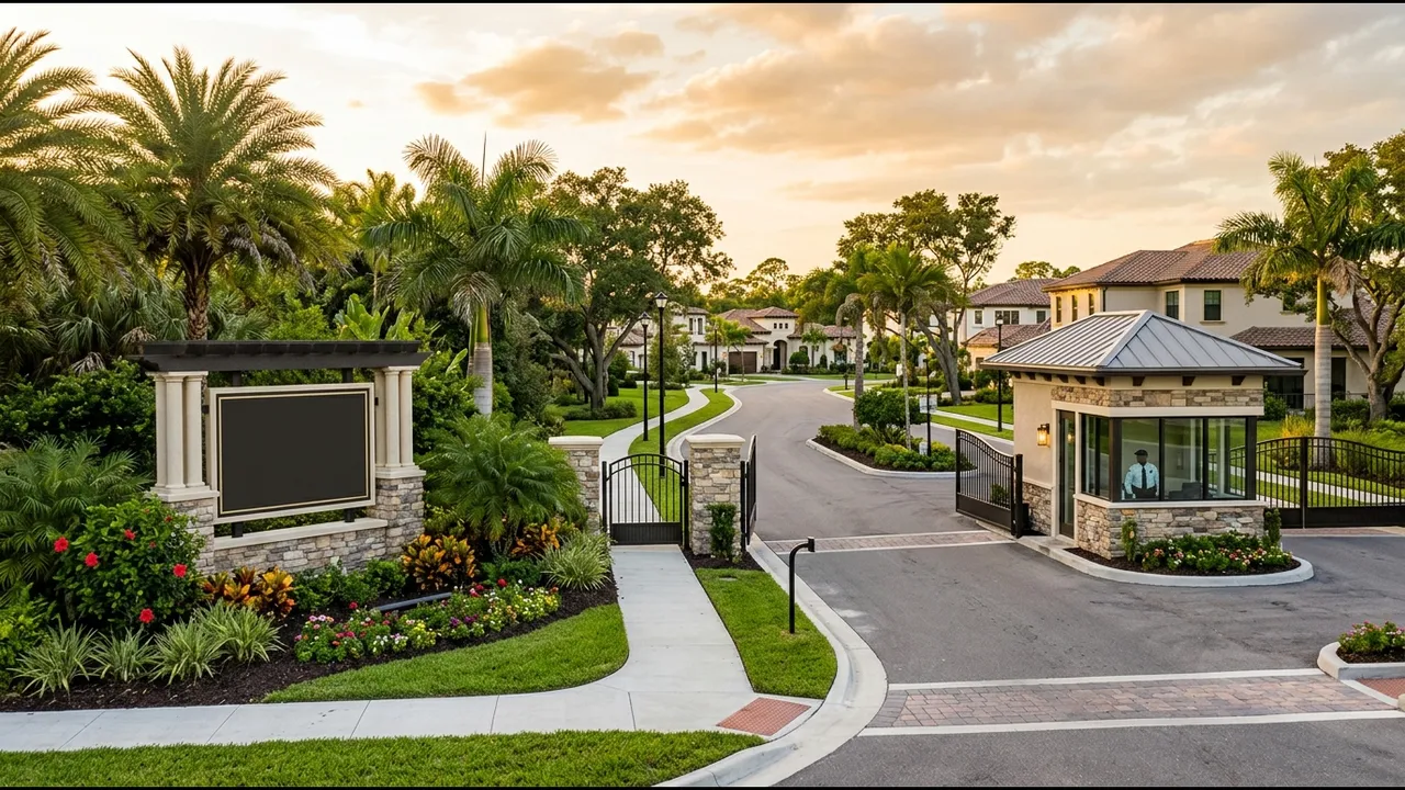 A gated community entrance with a guardhouse and a new-construction neighborhood sign area left blank, fresh landscaping, Estero Florida