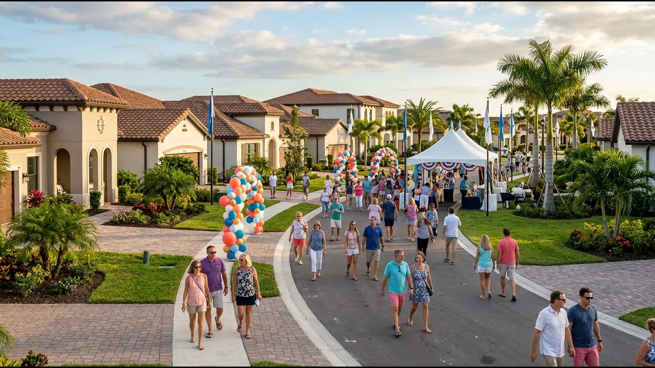 A busy model home grand-opening weekend: visitors walking between decorated model homes with balloons and a welcome tent, new southwest Florida community
