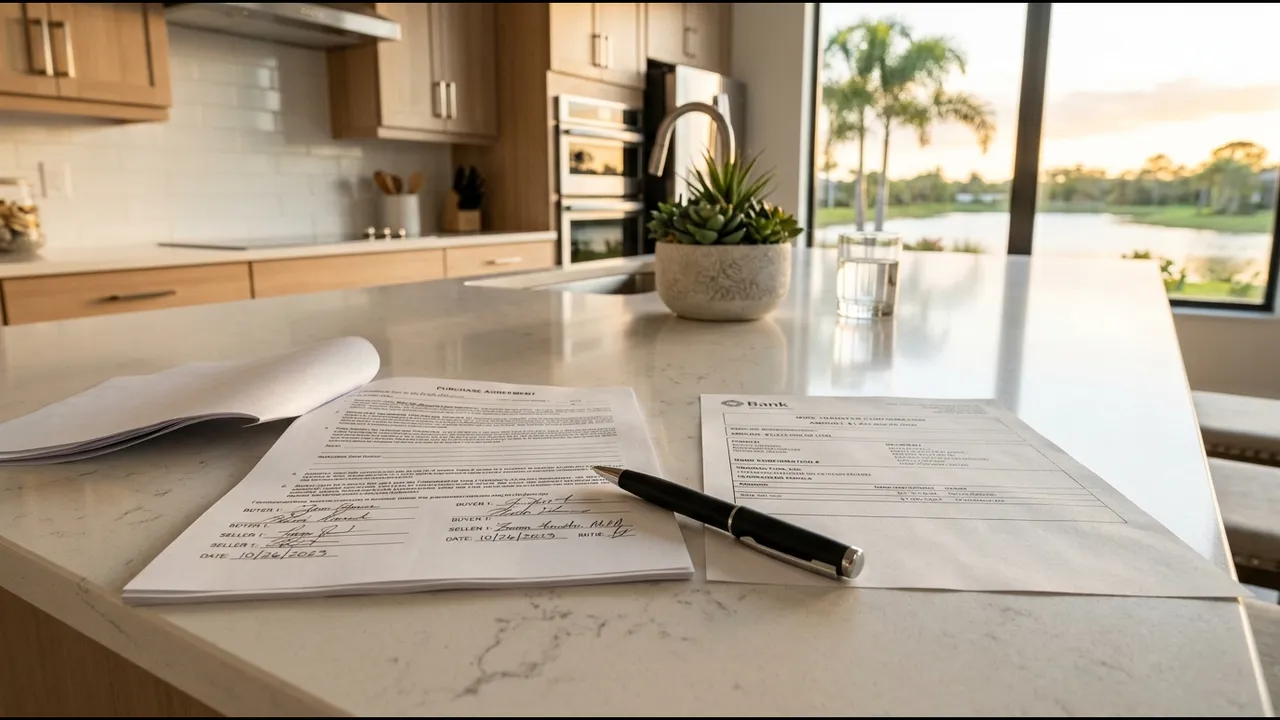 A close-up of a signed purchase agreement, a wire transfer confirmation printout and a pen on a kitchen island inside a brand-new model home