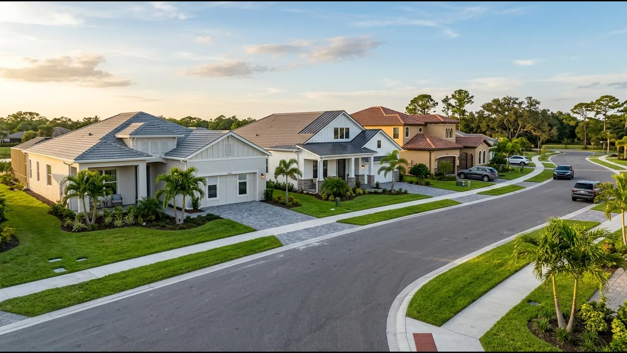 Three new model homes in a row with different architectural styles on the same street, freshly sodded lawns and young palms, Estero Florida