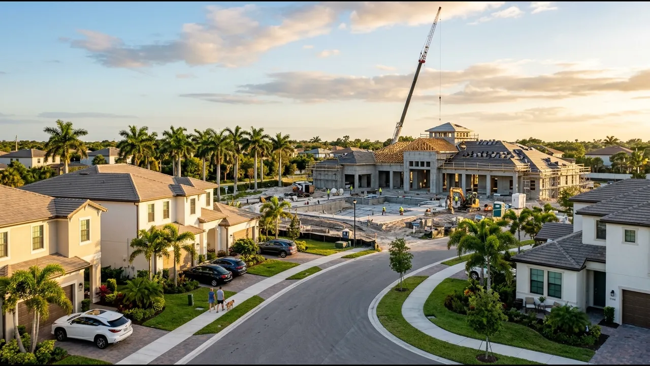 A new home neighborhood where homes are finished and occupied, while a clubhouse and pool amenity center behind them is still under construction with a crane
