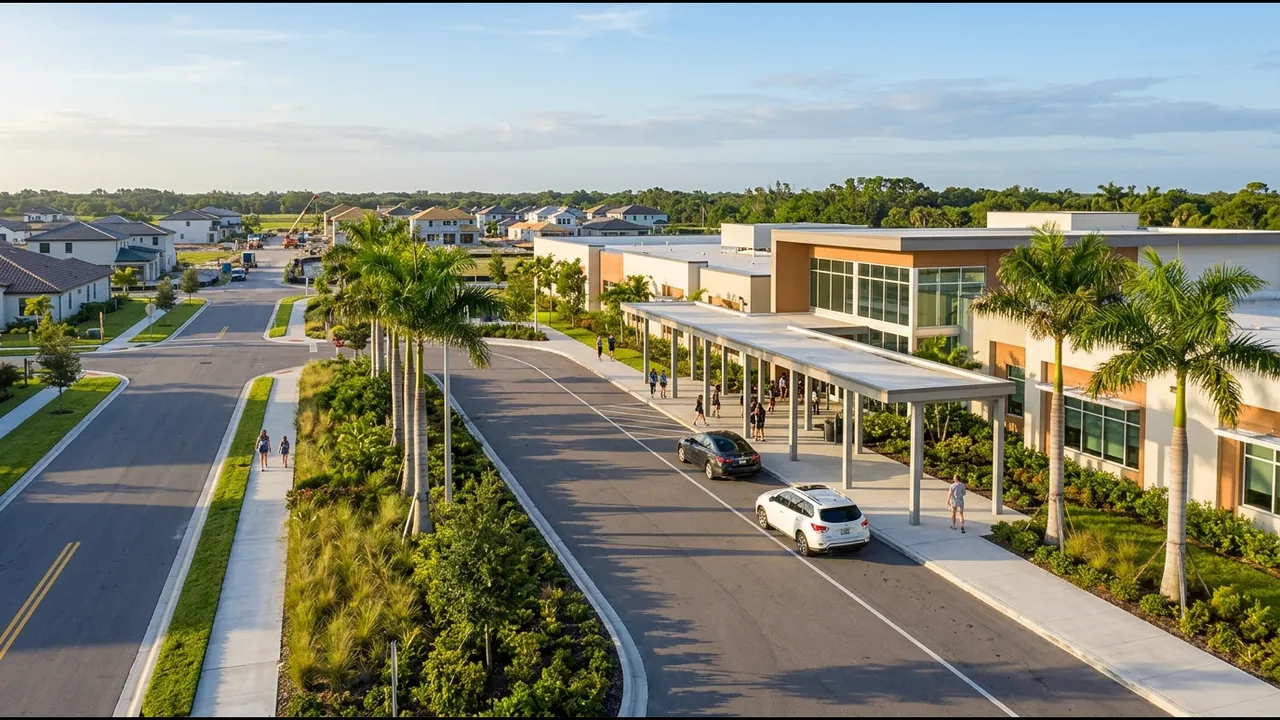 A new modern school building with a covered drop-off lane and palm trees near a new-construction neighborhood in southwest Florida, morning light