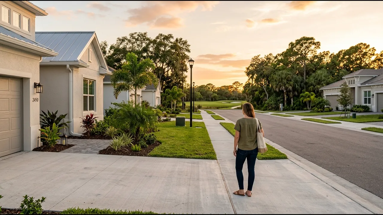 A buyer standing in a driveway of a new-construction home looking toward a finished street, with a distant view of a mature golf community treeline
