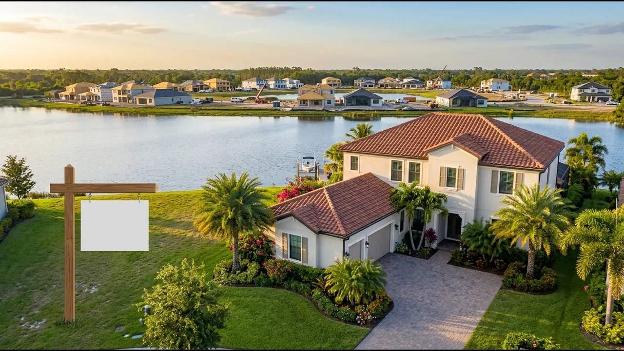 A well-kept resale home with mature landscaping and a For Sale sign with a blank panel, and a new-construction community under development visible across a lake