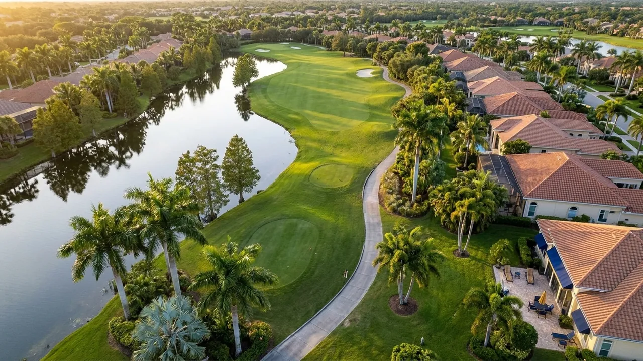 Aerial view of a lush Naples Florida golf course fairway winding between a calm lake and tile-roofed estate homes, royal palms, late afternoon light