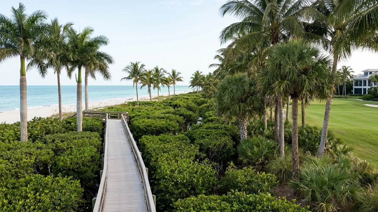 A quiet boardwalk through mangroves leading toward a white sand Gulf beach in Pelican Bay, Naples Florida, with a golf fairway visible through palms on the other side