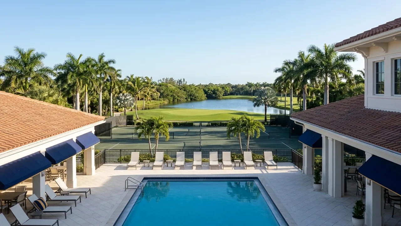 An empty resort-style clubhouse terrace with a swimming pool and tennis courts beyond, overlooking a golf green and lake in an inland Naples Florida club community