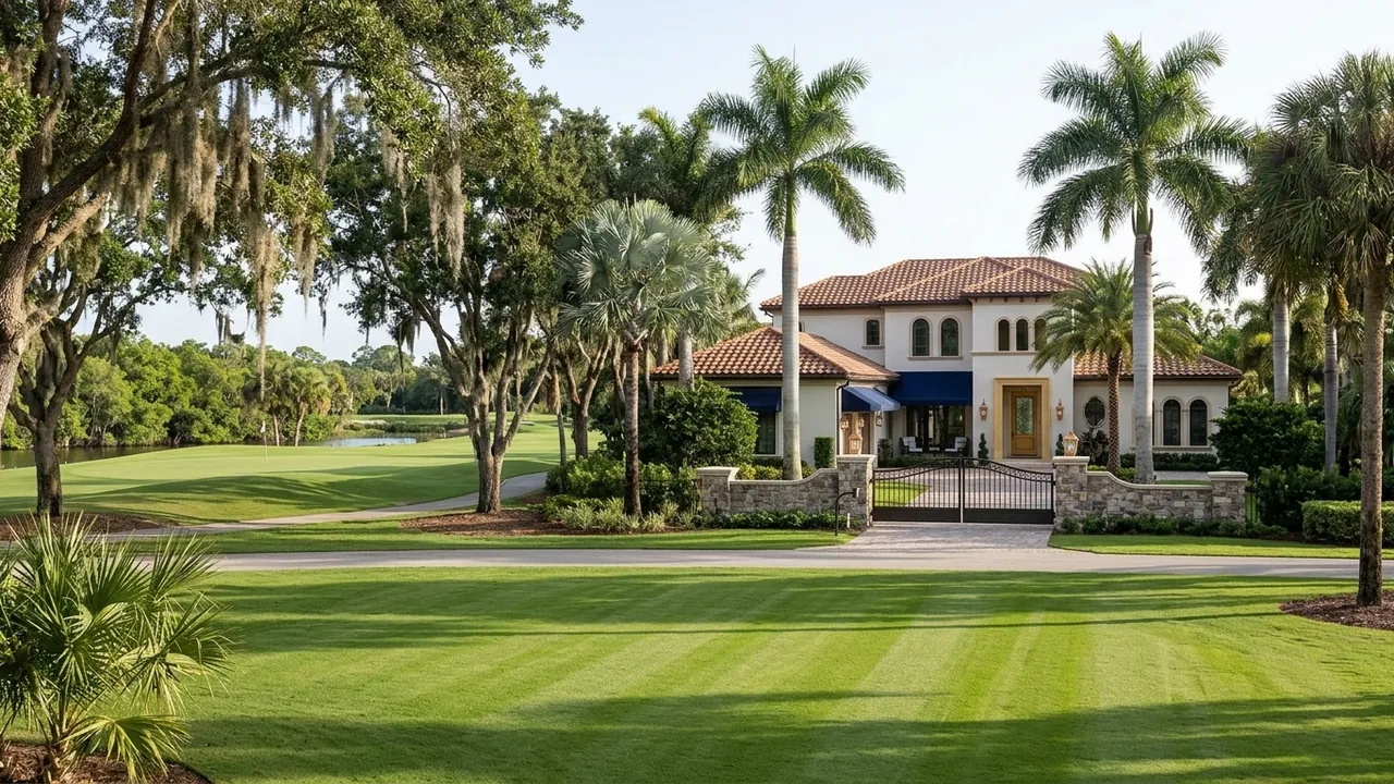 A gated Mediterranean-style estate home on a golf course in North Naples Florida, wide lawn, oak trees and palms, soft morning light