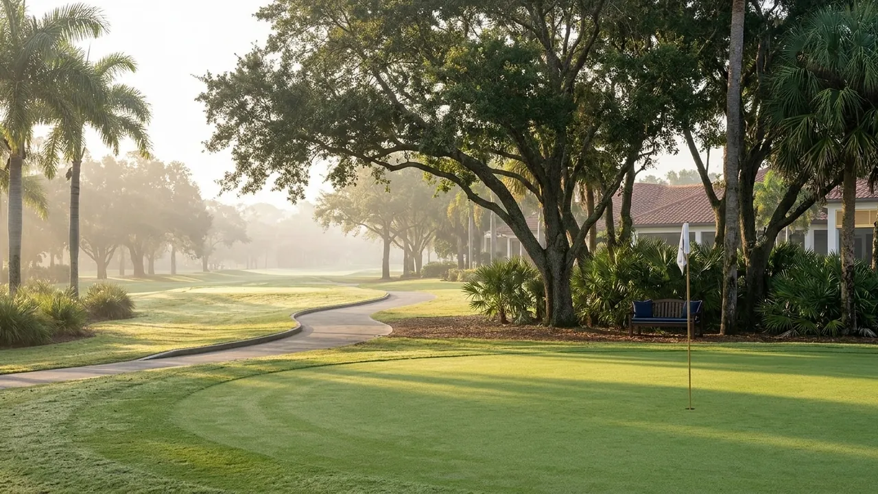 A tree-lined Naples Florida golf course with a putting green, an empty golf cart path and mature oaks draped with light, early morning mist