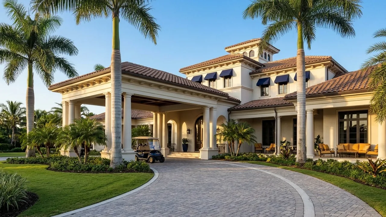 A grand private golf clubhouse with a columned porte-cochere and royal palms lining the entry drive in Naples Florida, clear blue sky