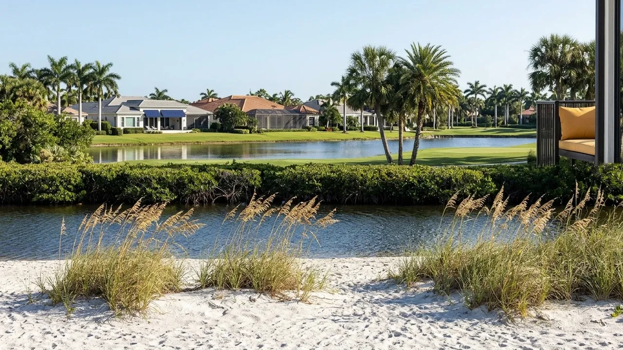 a Gulf beach with sea oats in the foreground and, far behind across the mangroves, a golf course lake and palms in Naples Florida