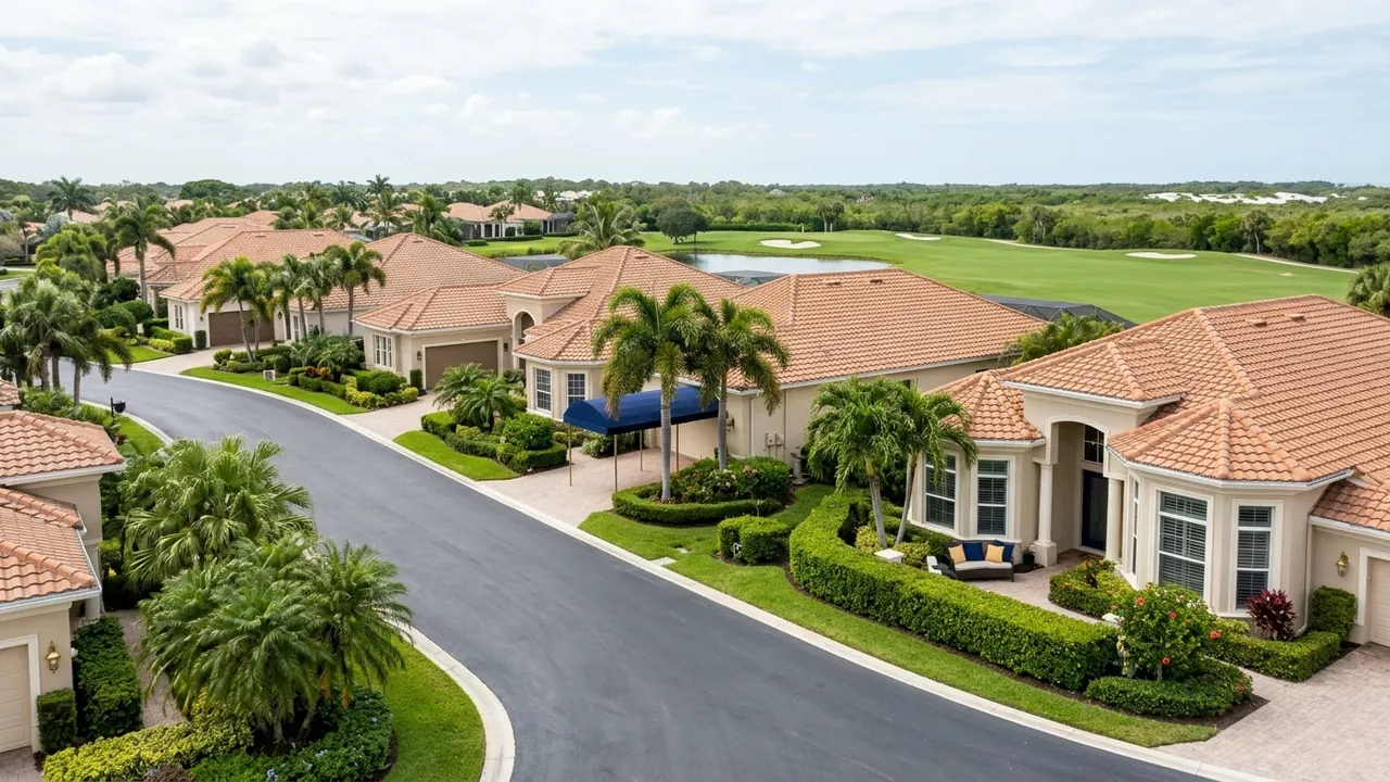 A row of elegant estate homes with clay-tile roofs and manicured hedges along a curving street inside a Naples Florida golf community, golf fairway behind