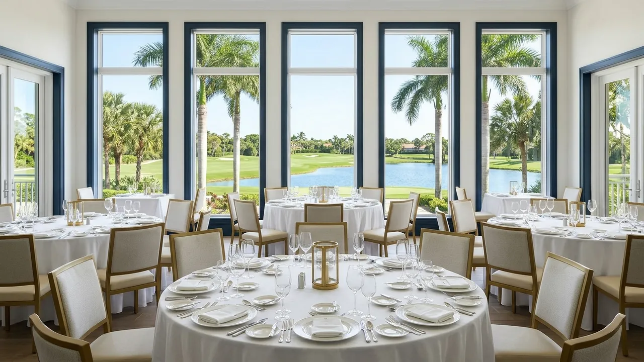 A bright clubhouse dining room with set tables and tall windows looking out over a golf course and lake in Naples Florida, no people