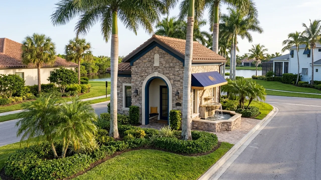 A calm Naples Florida golf community entry gatehouse with a stone fountain, royal palms and a manicured median, warm afternoon light