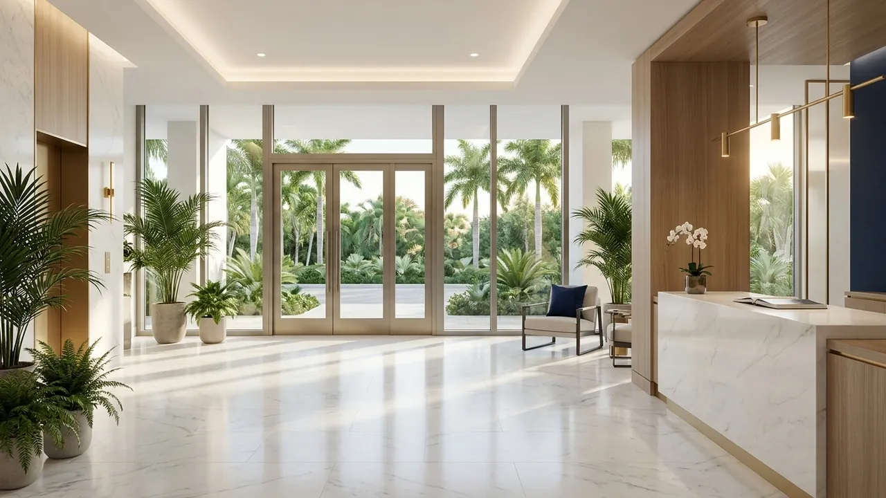 A secure modern luxury high-rise condominium lobby with marble floors and a concierge desk, soft lighting, glass doors opening to palms, Naples Florida, no people