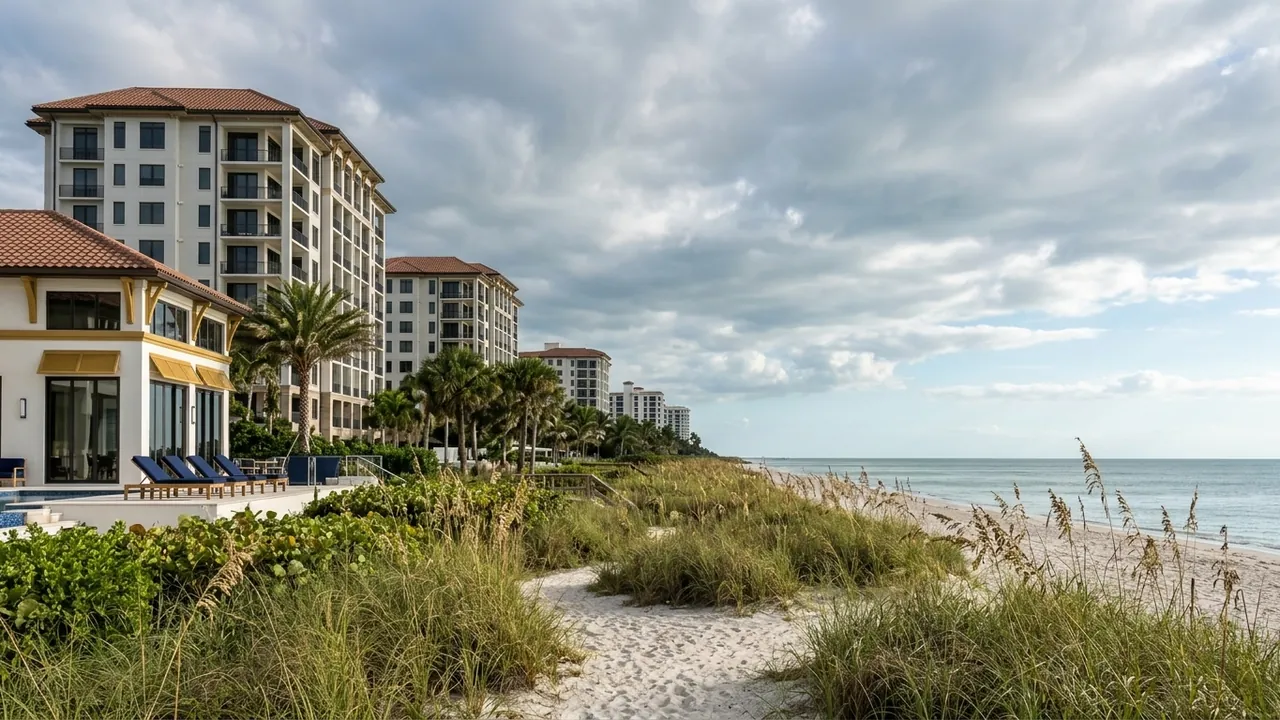 Gulf-front luxury condominium towers in Naples Florida seen from the beach with dune vegetation and a calm sea under dramatic but clearing clouds