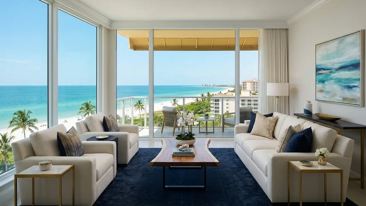 A furnished luxury high-rise condo living room with floor-to-ceiling windows overlooking the Gulf of Mexico and a white beach in Naples Florida