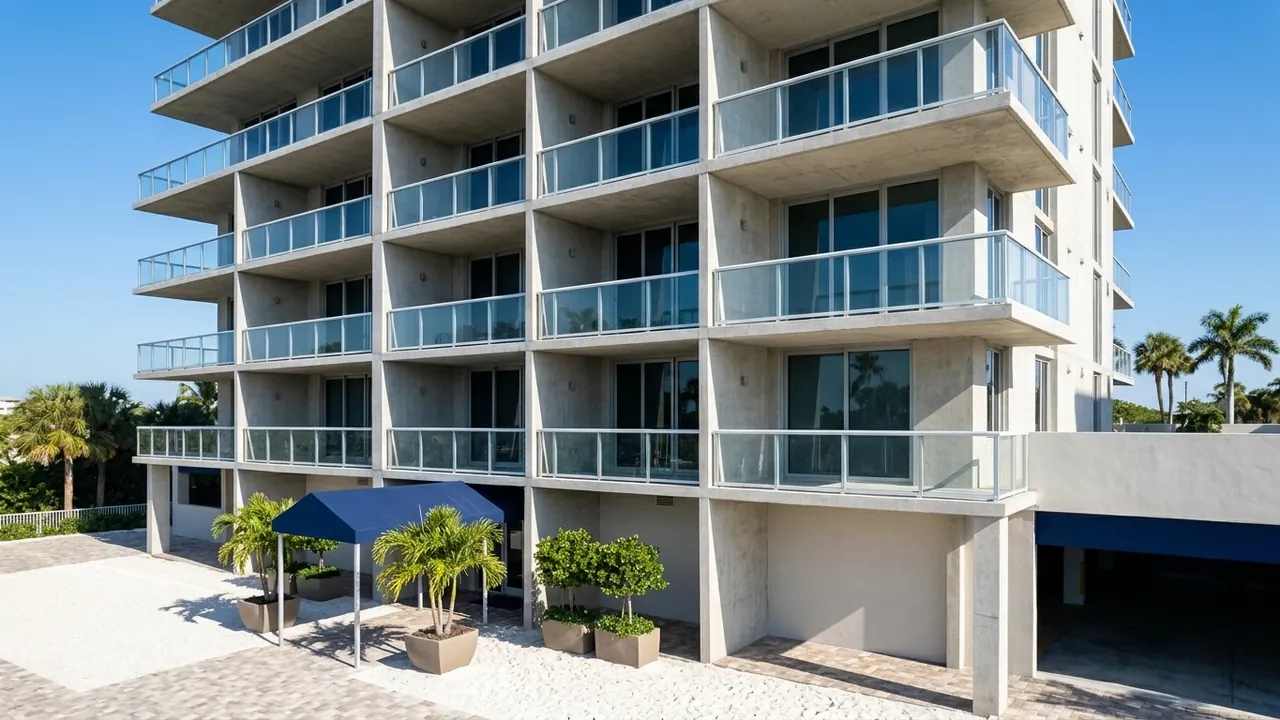 Close view of a coastal concrete condominium tower facade with balconies and impact glass under blue sky, Naples Florida, crisp architectural photography