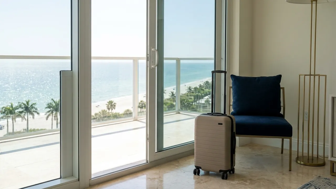 A carry-on suitcase resting beside a wide balcony door in a bright Naples Florida high-rise condominium, the Gulf and beach visible beyond