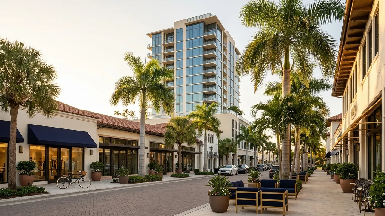 A new contemporary residential tower rising above a walkable downtown Naples Florida street with shops, palms and wide sidewalks, golden hour