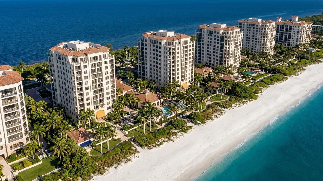 Several elegant beachfront condominium towers set among palms and lush landscaping along a pristine white sand beach in Naples Florida, aerial view