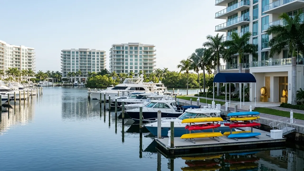 A private marina with boat slips and moored boats in front of waterfront luxury condominium towers, kayaks on a rack, Naples Florida bay, calm water