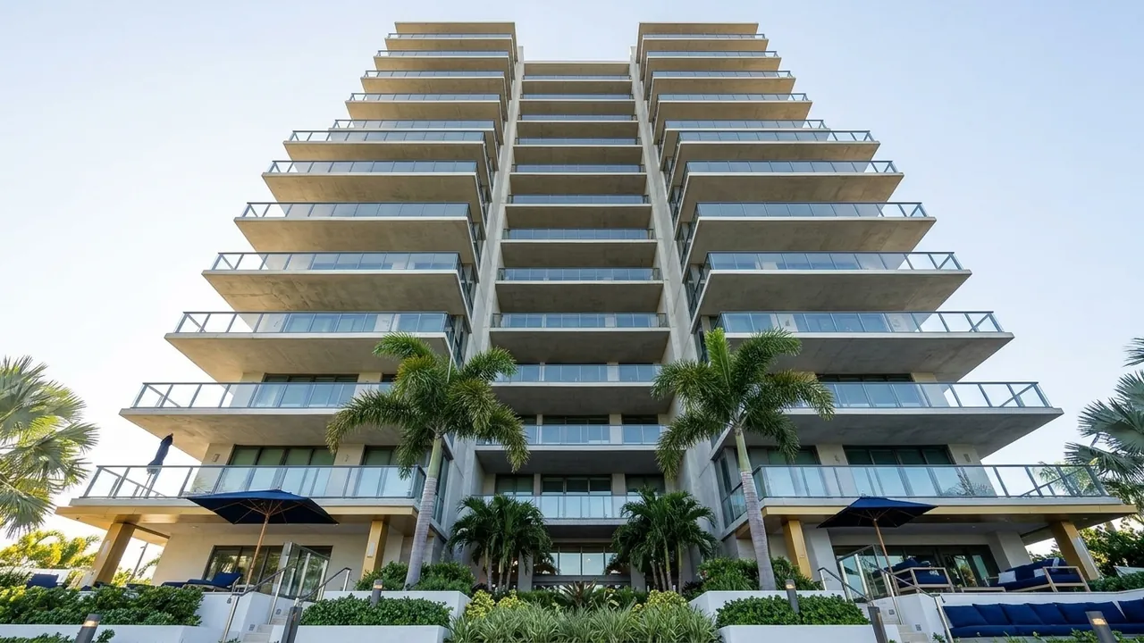 Looking up at a luxury Naples Florida condominium tower from its landscaped base, strong vertical lines, clear sky, structural concrete balconies