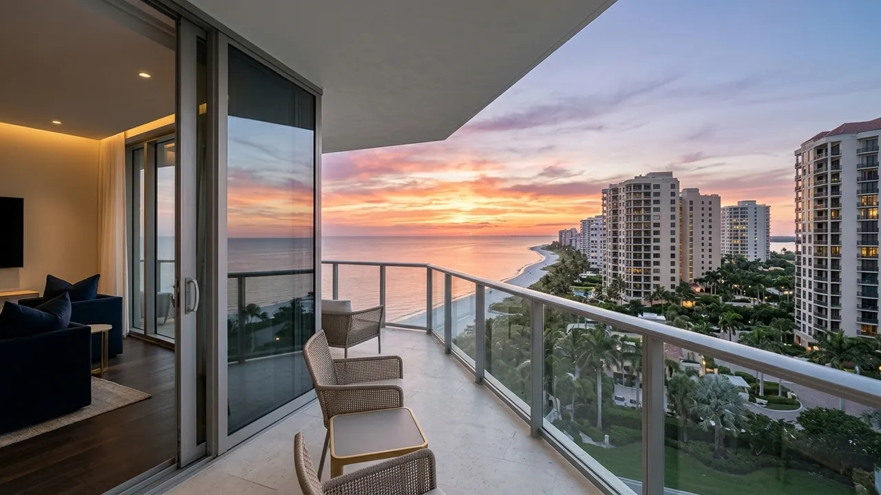 Sunset over the Gulf seen from a high-rise balcony with glass railing in Naples Florida, other coastal towers visible along the shoreline